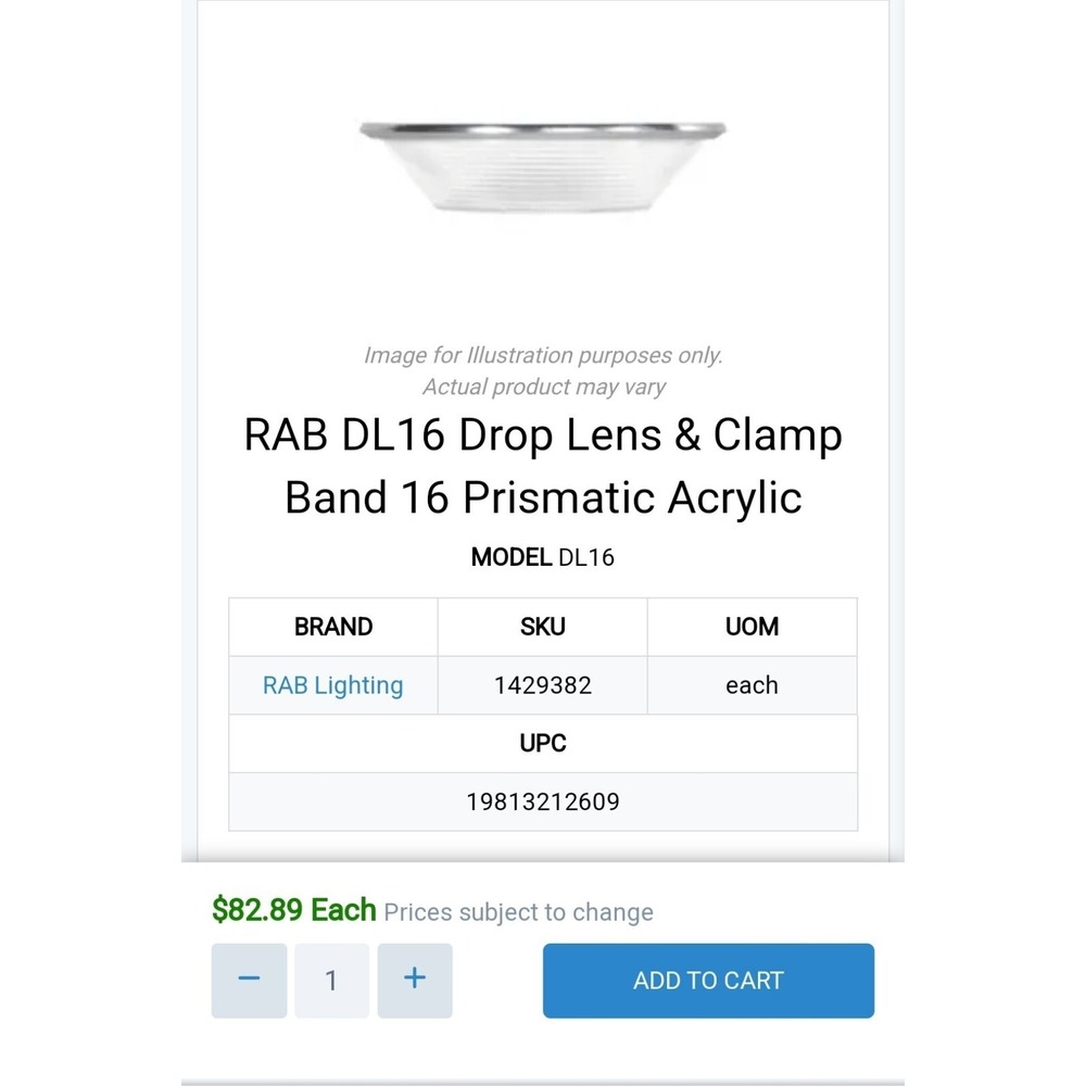 RAB DL16 Drop Lens Clamp Band‎ 16 Prismatic Acrylic Lighting Fixture